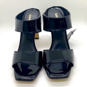 😍Express Women Sz 8 Black Patent Leather Slip On Wide Strap 3” Heel Sandal Shoe